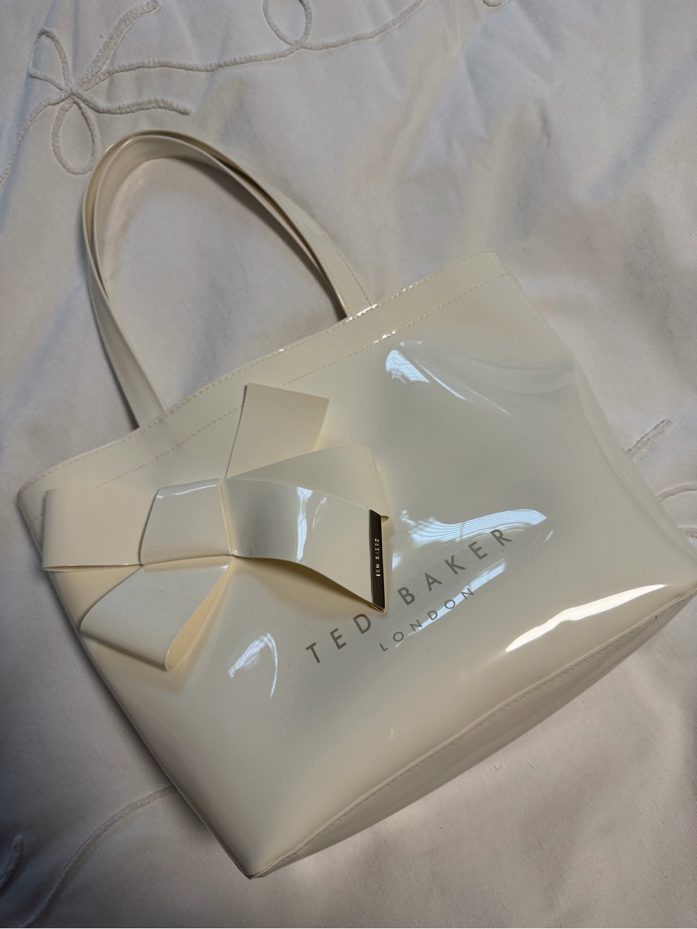 Ted Baker Cream Patent Bow-Accent Tote